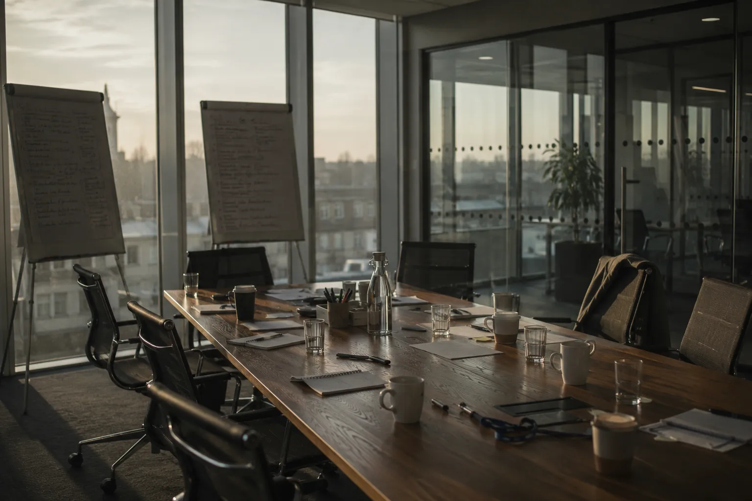 An empty meeting room at dusk, seen through a glass wall. Two flipcharts full of writing, chairs pushed back, the day over.