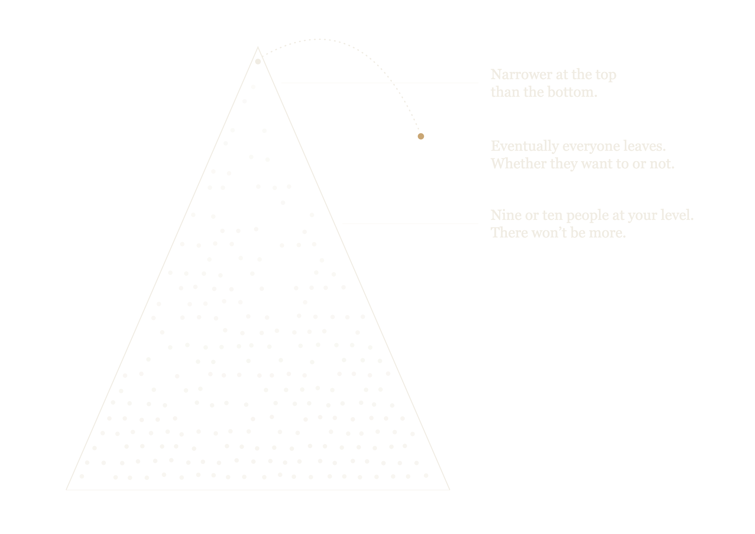 The Apex drawn as a narrowing triangle of dots, one at the point, one leaving on a dotted arc. Narrower at the top than the bottom. Nine or ten people at your level. Eventually everyone leaves, whether they want to or not.