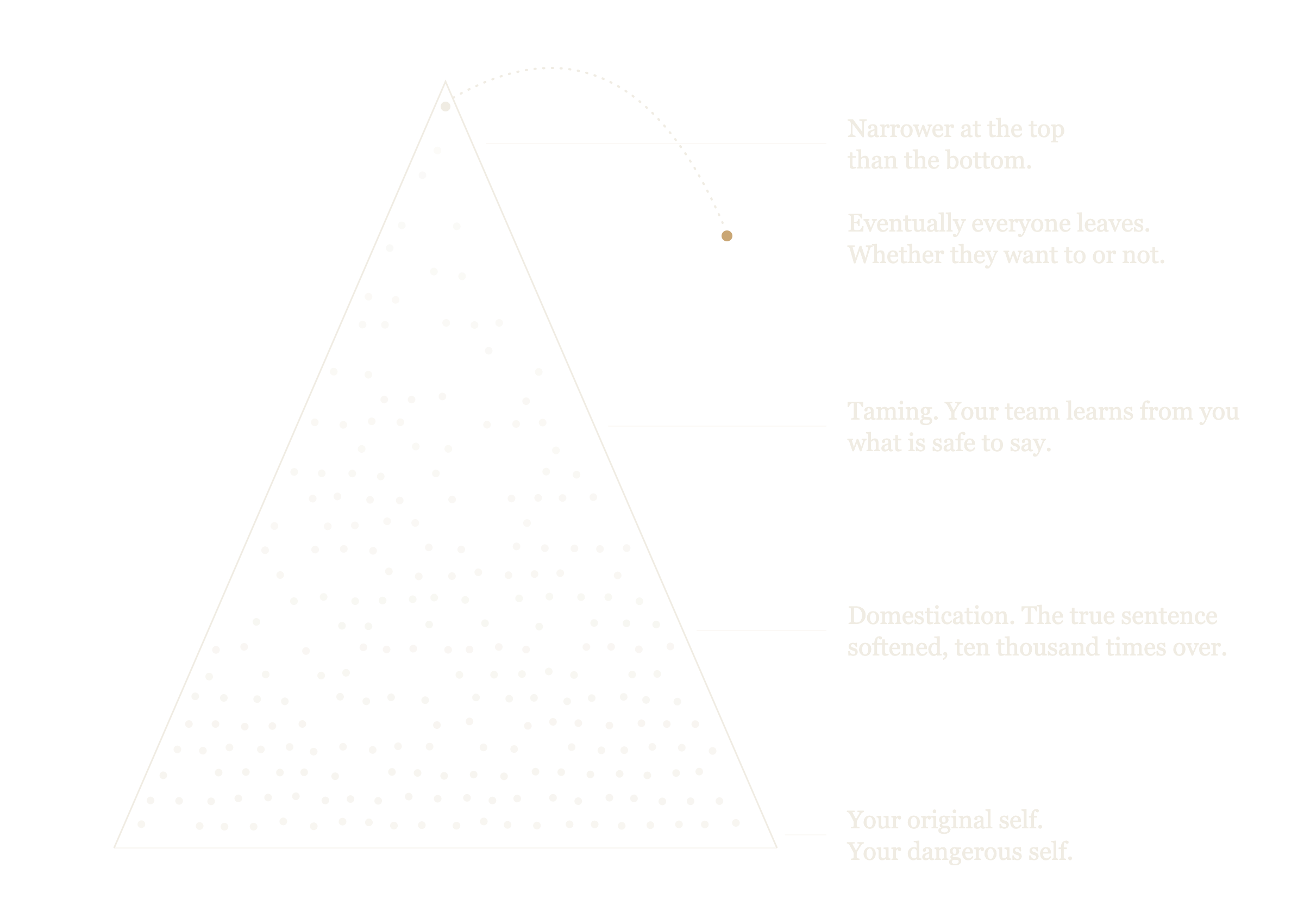 The Apex drawn as a narrowing triangle: your original self at the base, Domestication and Taming on the climb, one at the top, one ejected. Nobody has told you it exists, or what staying there costs.