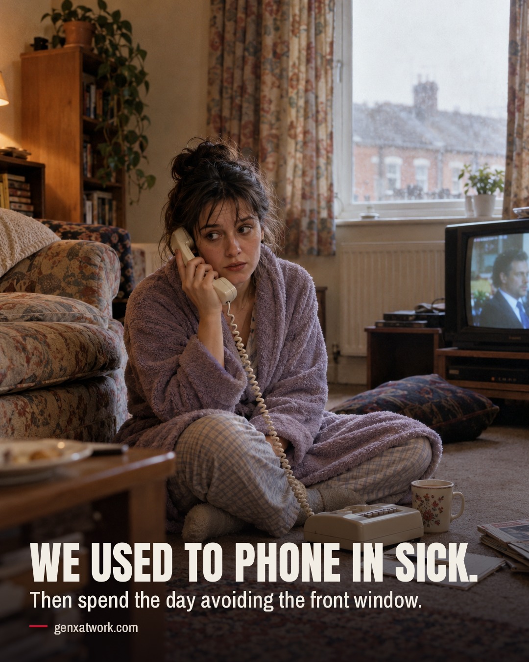 Text: We used to phone in sick. Then spend the day avoiding the front window. genxatwork.com