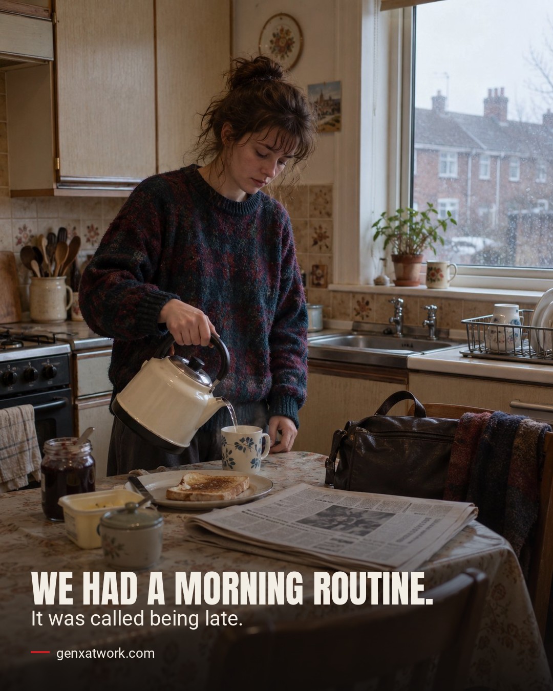 A woman in a patterned jumper pours a kettle into a mug in a cluttered British kitchen, rain on the window, toast, a newspaper and a work bag on the table. Text: We had a morning routine. It was called being late. genxatwork.com